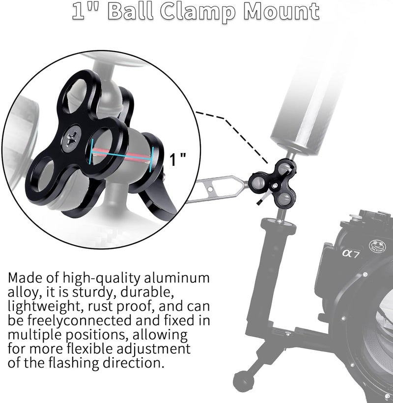 LetonPower 3-Hole 1" Aluminum Underwater Camera Clamp Ball Mount (2-Pack) - Underwater Bracket for Diving Light Arms & Camera Trays, Saltwater-Resistant Adapter for Scuba Photography/Videography Gear - Image 2